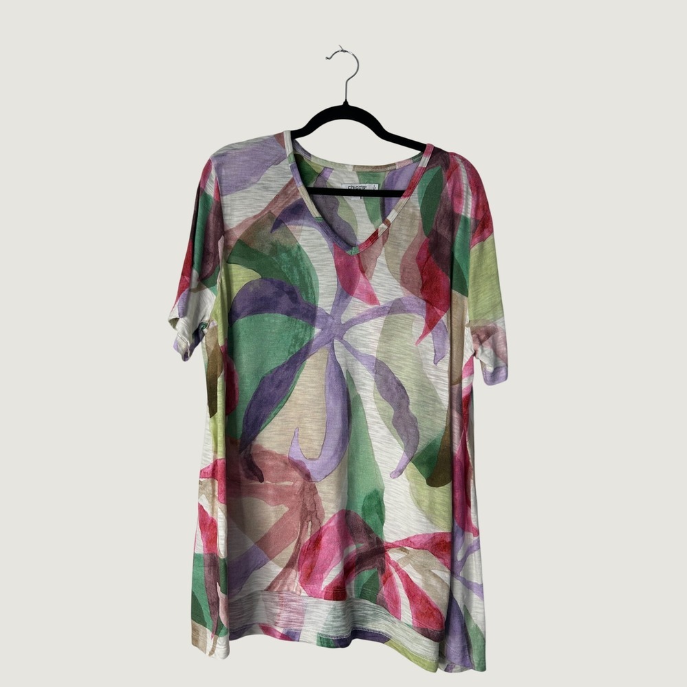 Chico's Tunic Top Womens Size 3 US XL Multi Color Tropical Leaf Slub Knit V-Neck